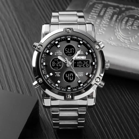 SKMEI Fashion Multi functional Sports Men's Watch, 48Mm Metal Case with 3 Time Zone Night Light 30M Waterproof Stainless Steel Strap, Dual Time Display, Timer, Calendar, Alarm Clock Function Watch Wristwatch