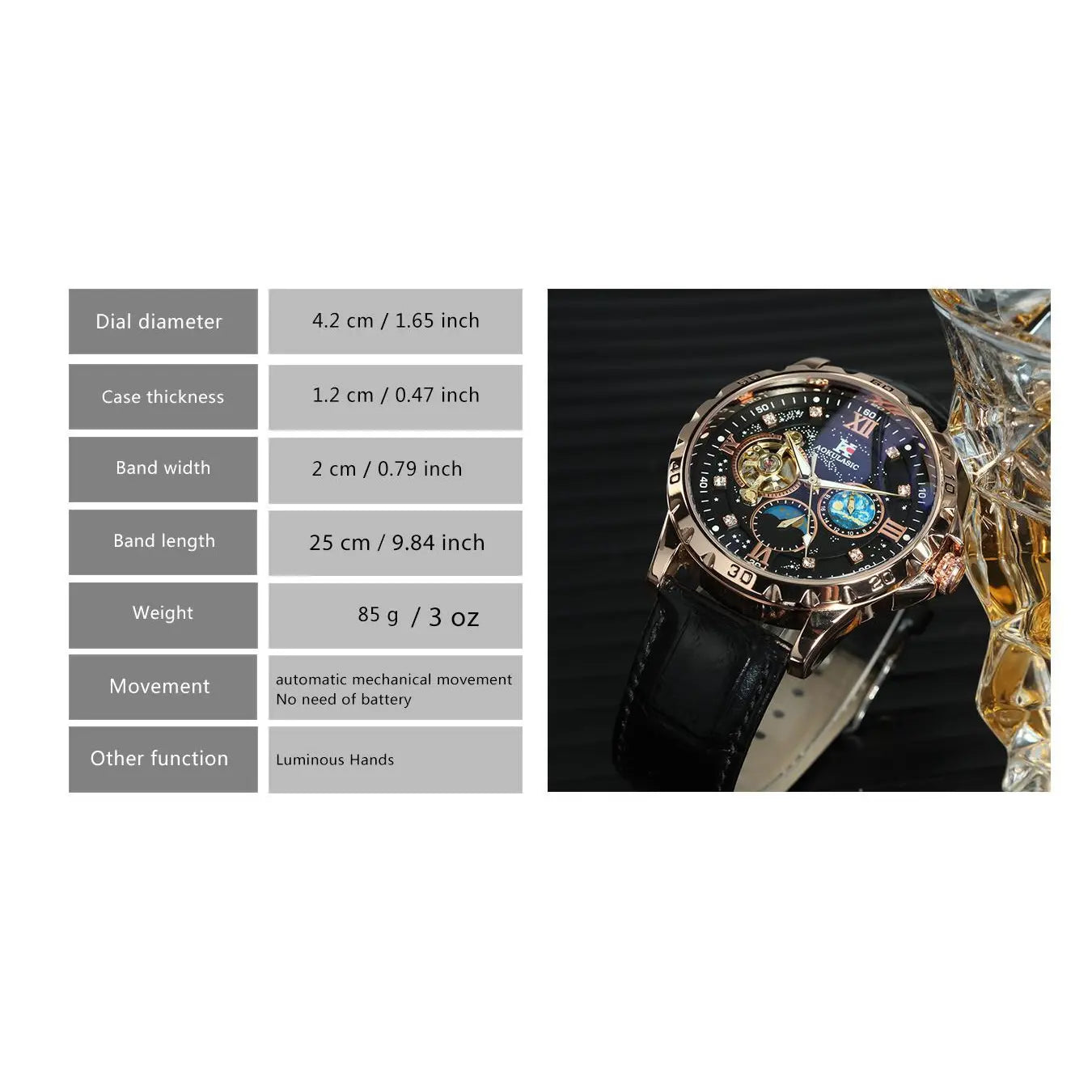 Men's Luxury Mechanical Stainless Steel Watch, Rose Case, Moon Phase Display, Glow-In-The-Dark Hands, Dial, Rhinestone Decorations
