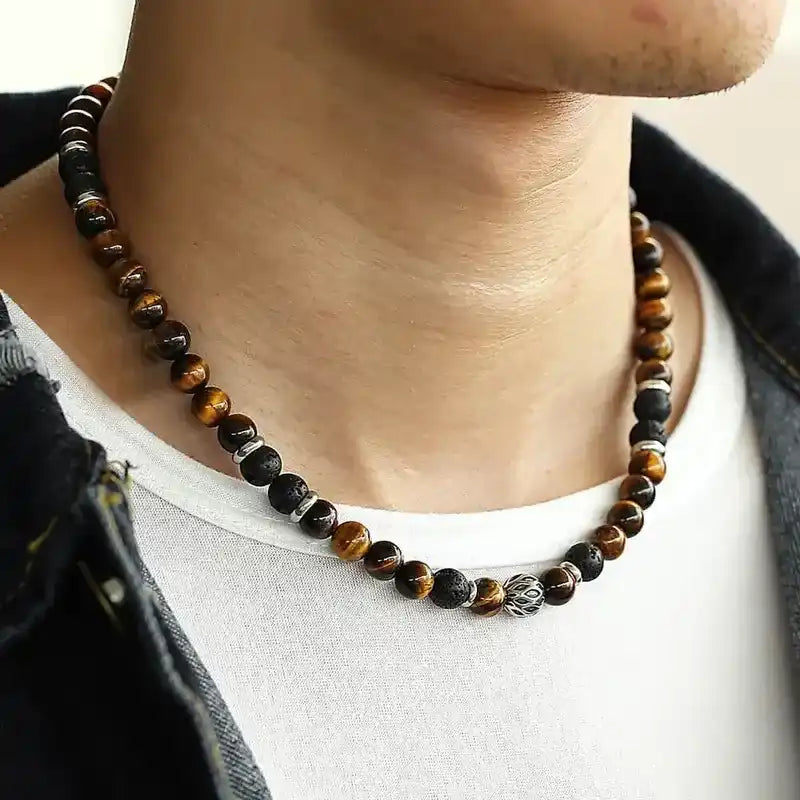 Men's 8mm Natural Tiger Eye Lava Bead Necklace Stainless Steel Toggle 18/20/24" fathersdaygifts Black Onyx