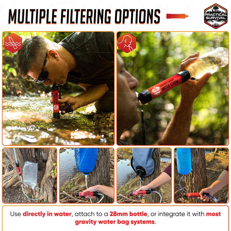 2 High Capacity Emergency Survival Water Straws - Personal Filter for Camping, Hiking, Travel Biking, Survival Preparedness, Lightweight Reusable