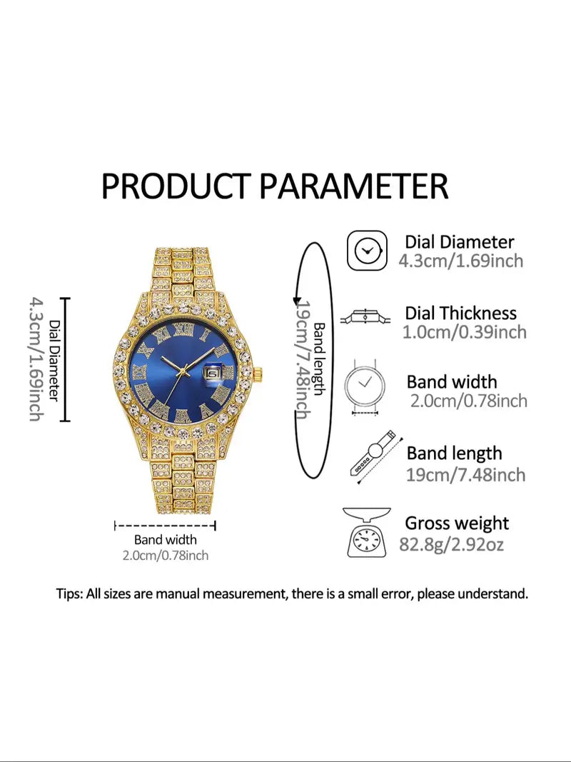 Men's Luxury Rhinestone Decorated Quartz Watch & Jewelry, Including Round Dial Watch, Bracelet, Necklace, and Cross Necklace, Fashion Watch Set for Parties and Daily Decor