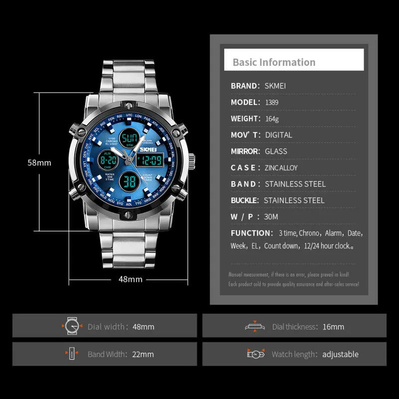 Fashion Multi functional Sports Men's Watch, 48Mm Metal Case with 3 Time Zone Night Light 30M Waterproof Stainless Steel Strap, Dual Time Display, Timer, Calendar, Alarm Clock Function Watch Wristwatch