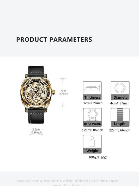 Business Fashion Round Dial Leather Strap Analog Mechanical Watch, Vintage All-match Buckle Automatic Wristwatch for Gift, Luminous Spring Pointer Design Watch with Box