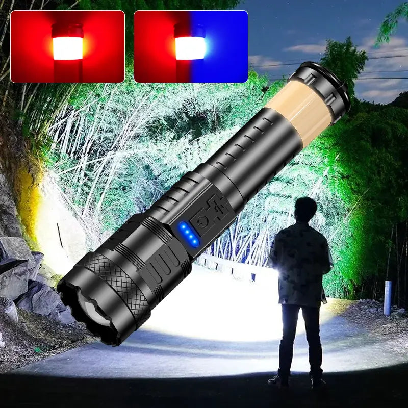 2025 Strong Flashlight, Rechargeable, Waterproof, Emergency Lighting, Red&Blue Alarm Lights, Camping Gadgets , for Fishing Garden Night Security Road Garage