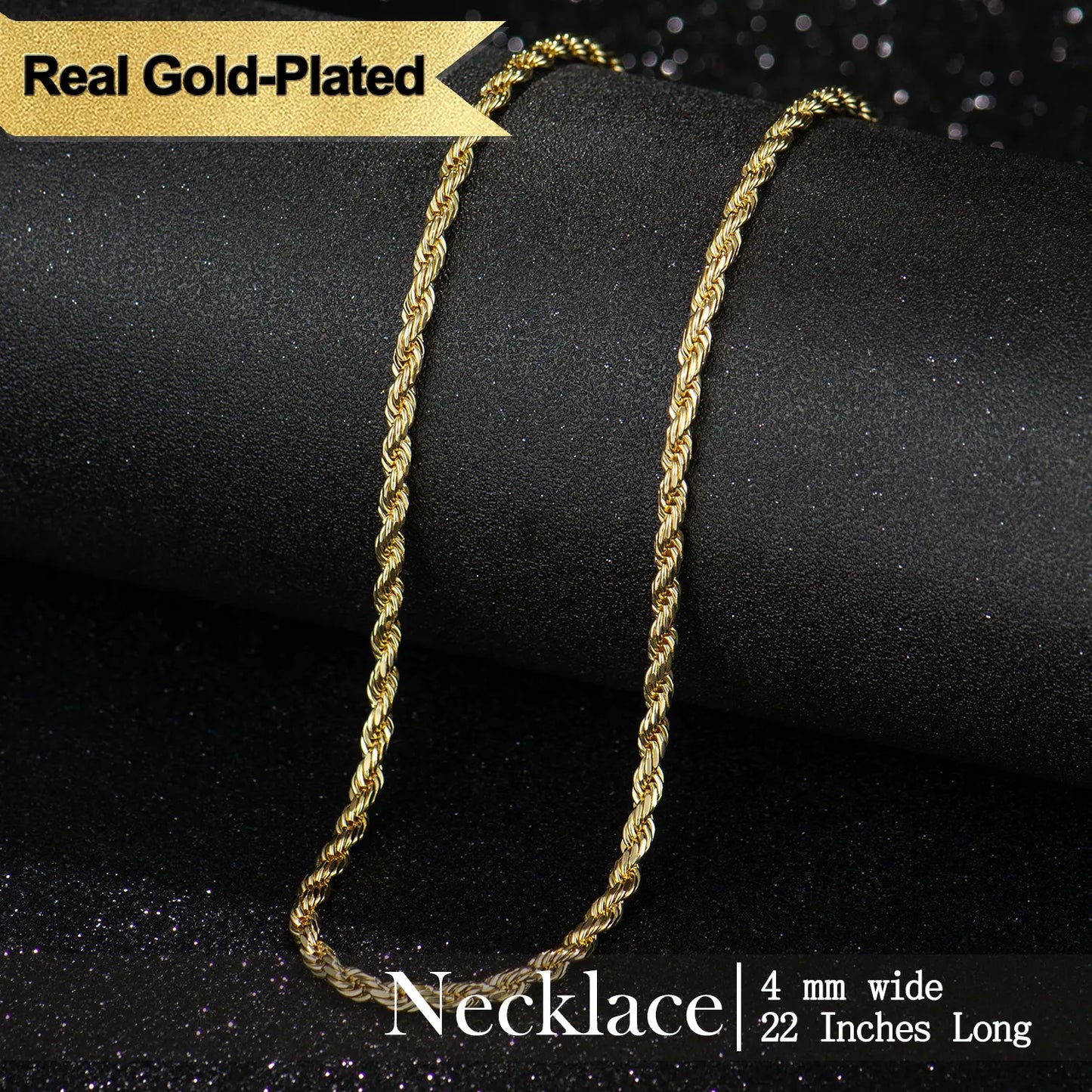 8mm Gold-Plated Rope Chain Necklace for Women and Men,Upgraded Shine, Faceted Cut, Tarnish-Free, Goldstone