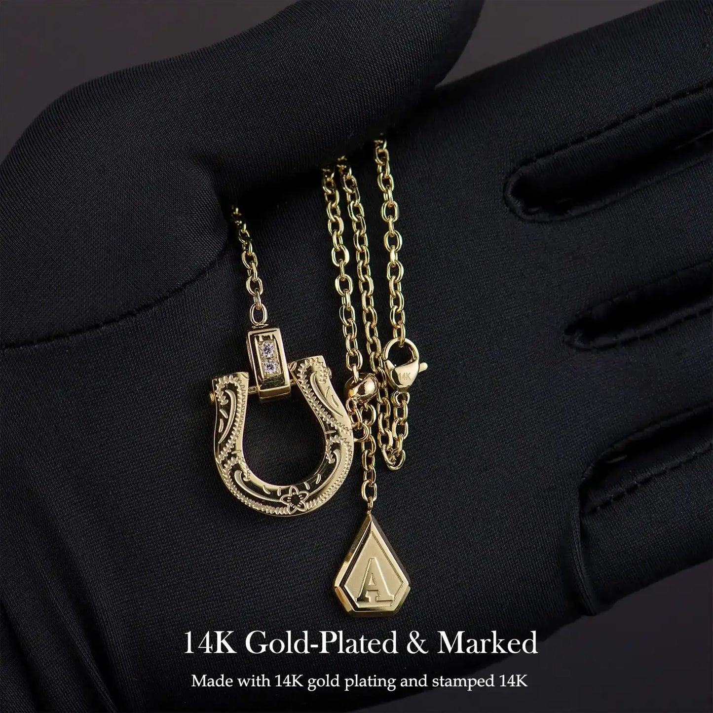 Plated Horseshoe Letter Pendant Necklace for Women, Western Cowgirl Lucky Charm Jewelry with Clear CZ Diamonds, Symbol of Good Luck & Protection