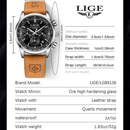 Lige Casual Gentleman Fashion Waterproof Luminous Calendar Chronograph Quartz