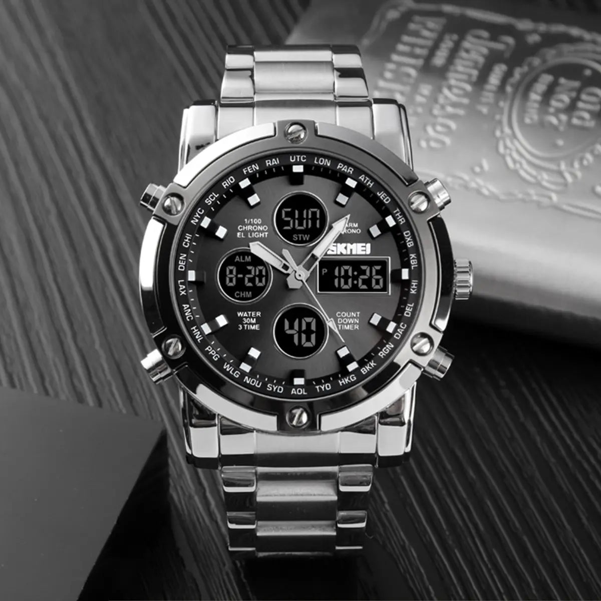 SKMEI Fashion Multi functional Sports Men's Watch, 48Mm Metal Case with 3 Time Zone Night Light 30M Waterproof Stainless Steel Strap, Dual Time Display, Timer, Calendar, Alarm Clock Function Watch Wristwatch