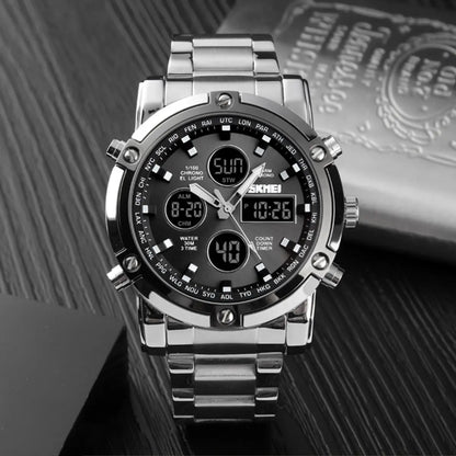 SKMEI Fashion Multi functional Sports Men's Watch, 48Mm Metal Case with 3 Time Zone Night Light 30M Waterproof Stainless Steel Strap, Dual Time Display, Timer, Calendar, Alarm Clock Function Watch Wristwatch