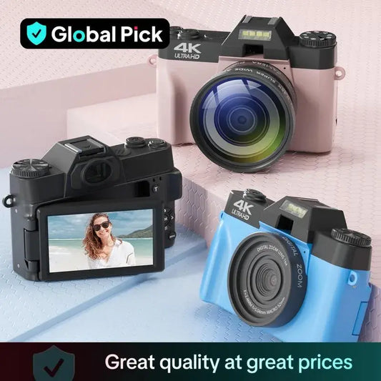 GLOBAL PICK 4K Digital Camera with 180° Flip Screen, 16X Digital Zoom Vlogging Camera, Autofocus Camera, Including Wide Angle & Macro Lens, 32GB TF Card, Ideal Gift Choice, Photographic Kit