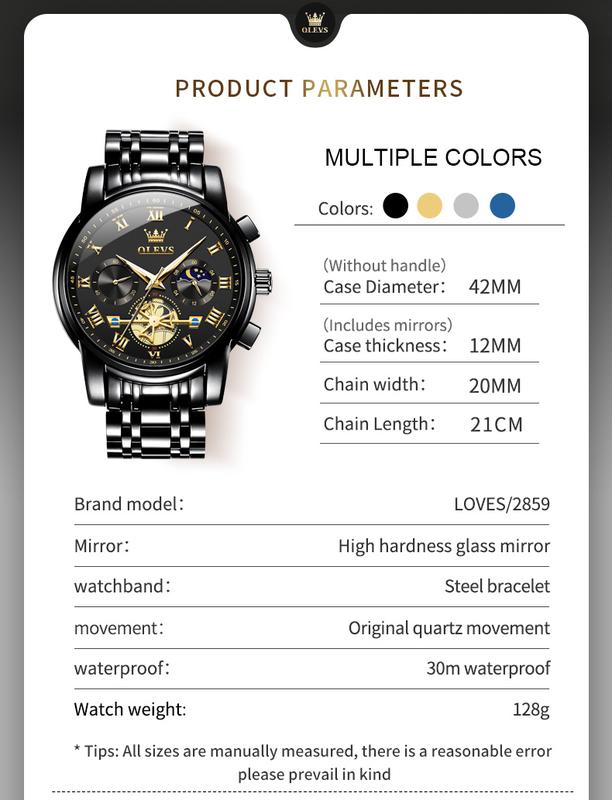 Men's Chronograph Quartz Watch G2859 Stainless Steel Waterproof Luminous Date with Luminous Hands, 41 mm Diameter, 20 mm Band Length Casual Trendy Wristwatch