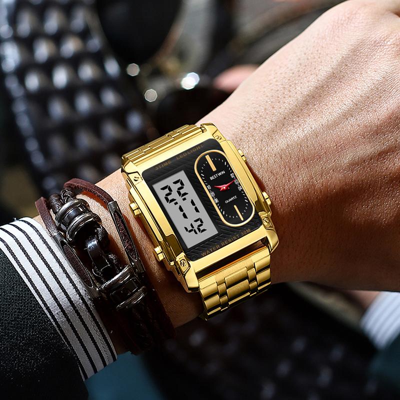 Men's square creative dual-movement multifunctional sports watch, featuring a luxurious triple-time design, water resistance, luminous dial, Exuding a minimalist aesthetic, it is elegant, durable, and the perfect choice for everyday wear. digital quart
