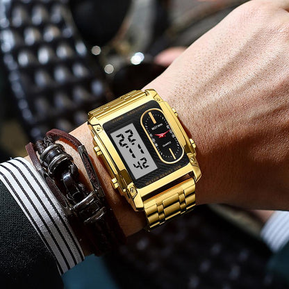 Men's square creative dual-movement multifunctional sports watch, featuring a luxurious triple-time design, water resistance, luminous dial, Exuding a minimalist aesthetic, it is elegant, durable, and the perfect choice for everyday wear. digital quart