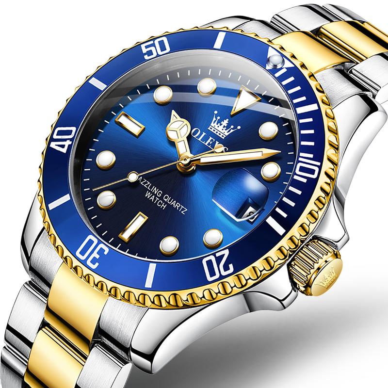 Men's Luxury Dress Watch Blue Dial 40mm Stainless Steel Band Rotating Quartz Analog Waterproof Luminous Big Face Boss Wrist Watch