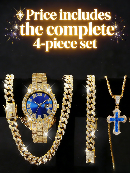 Men's Luxury Rhinestone Decorated Quartz Watch & Jewelry, Including Round Dial Watch, Bracelet, Necklace, and Cross Necklace, Fashion Watch Set for Parties and Daily Decor