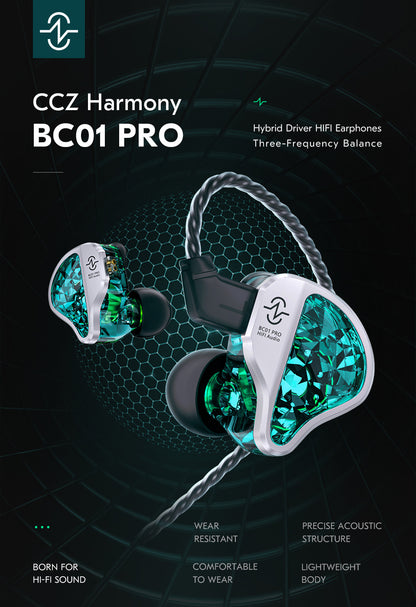 CCZ Harmony BC01 Pro Wired Headset with 5N OFC Cable 99.999% Purity Detachable Cable Optional Earbuds Microphone Hybrid 1DD+1BA Audio Headphone True Audiophile Sound Quality IEM Electronic Music
