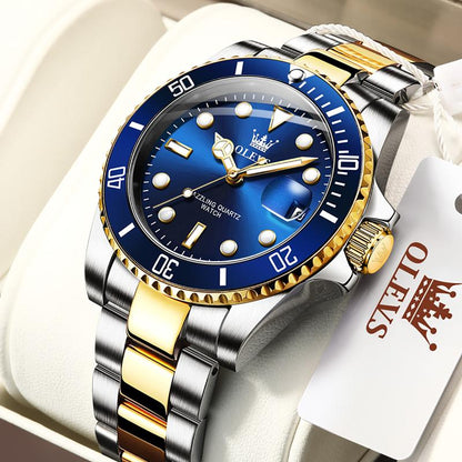 Men's Luxury Dress Watch Blue Dial 40mm Stainless Steel Band Rotating Quartz Analog Waterproof Luminous Big Face Boss Wrist Watch