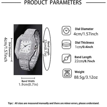 Men's Casual Fashion Quartz Watch, Elegant Square Dial Rhinestone Decorated Alloy Case Wristwatch, Classic Simple Fashion Street Style For All Seasons, Black Friday Deal Watch Suitable For Casual Business Wear, Birthday Christmas Gift