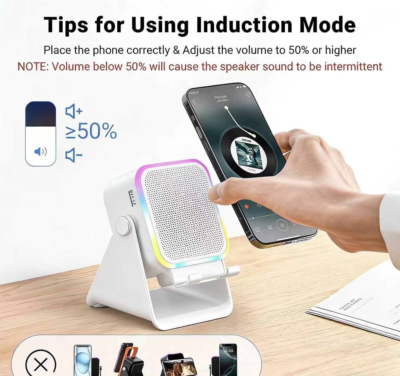 Wireless Induction Audio Speaker Stand, 5in1 Cellphone Holder, 3500mAh Rechargeable Emergency Power Bank,360° Adjustable Mobile Tablet Stand with Colorful Ambient Light Gifts for Men Women