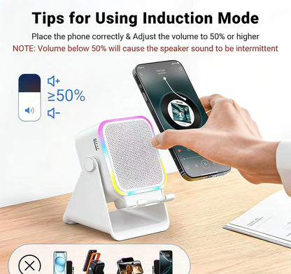 Wireless Induction Audio Speaker Stand, 5in1 Cellphone Holder, 3500mAh Rechargeable Emergency Power Bank,360° Adjustable Mobile Tablet Stand with Colorful Ambient Light Gifts for Men Women