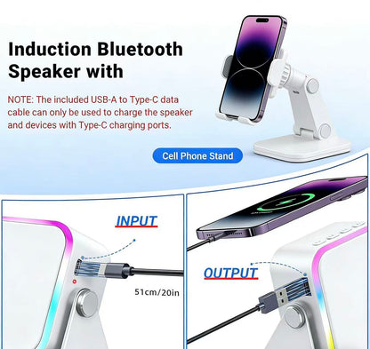 Wireless Induction Audio Speaker Stand, 5in1 Cellphone Holder, 3500mAh Rechargeable Emergency Power Bank,360° Adjustable Mobile Tablet Stand with Colorful Ambient Light Gifts for Men Women