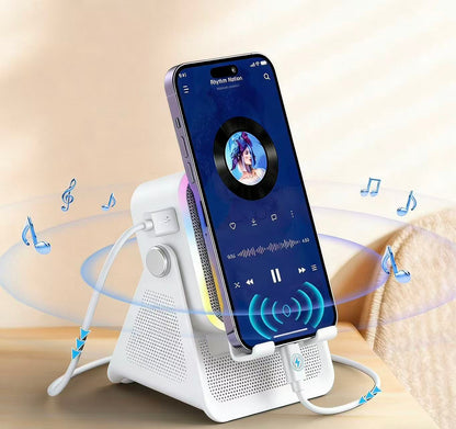 Wireless Induction Audio Speaker Stand, 5in1 Cellphone Holder, 3500mAh Rechargeable Emergency Power Bank,360° Adjustable Mobile Tablet Stand with Colorful Ambient Light Gifts for Men Women