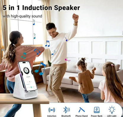 Wireless Induction Audio Speaker Stand, 5in1 Cellphone Holder, 3500mAh Rechargeable Emergency Power Bank,360° Adjustable Mobile Tablet Stand with Colorful Ambient Light Gifts for Men Women