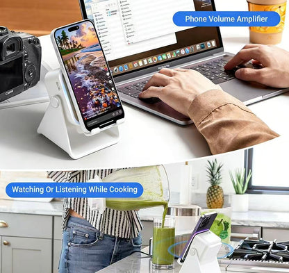 Wireless Induction Audio Speaker Stand, 5in1 Cellphone Holder, 3500mAh Rechargeable Emergency Power Bank,360° Adjustable Mobile Tablet Stand with Colorful Ambient Light Gifts for Men Women