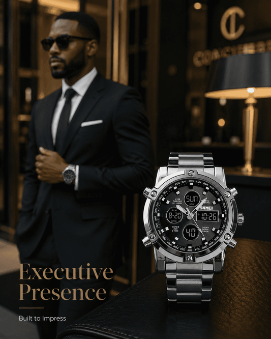 SKMEI Fashion Multi functional Sports Men's Watch, 48Mm Metal Case with 3 Time Zone Night Light 30M Waterproof Stainless Steel Strap, Dual Time Display, Timer, Calendar, Alarm Clock Function Watch Wristwatch