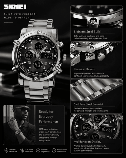 SKMEI Fashion Multi functional Sports Men's Watch, 48Mm Metal Case with 3 Time Zone Night Light 30M Waterproof Stainless Steel Strap, Dual Time Display, Timer, Calendar, Alarm Clock Function Watch Wristwatch