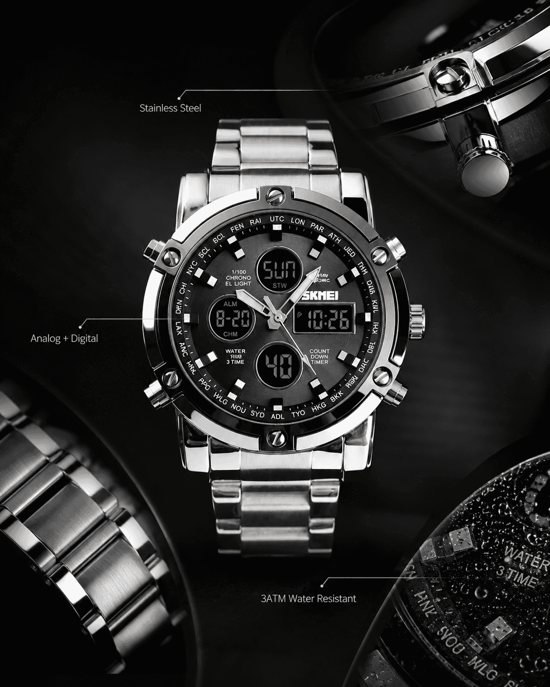 SKMEI Fashion Multi functional Sports Men's Watch, 48Mm Metal Case with 3 Time Zone Night Light 30M Waterproof Stainless Steel Strap, Dual Time Display, Timer, Calendar, Alarm Clock Function Watch Wristwatch
