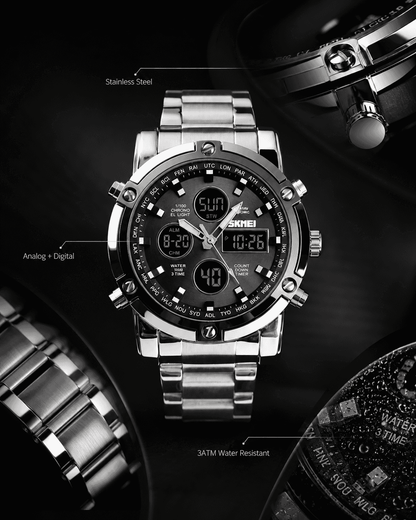 SKMEI Fashion Multi functional Sports Men's Watch, 48Mm Metal Case with 3 Time Zone Night Light 30M Waterproof Stainless Steel Strap, Dual Time Display, Timer, Calendar, Alarm Clock Function Watch Wristwatch