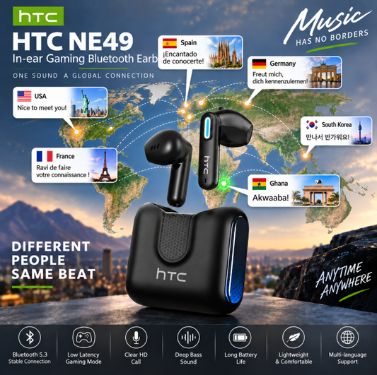 HTC NE49 TWS Wireless Earbuds - Bluetooth 6.0 Gaming Headsets, High Fidelity, IPX5 Waterproof, Built-in Microphone, High Quality Headphones, Bluetooth Headphones, Earbuds Wireless, Ideal for Sports, Unique Gifts for Man, Cool Gifts for Guys