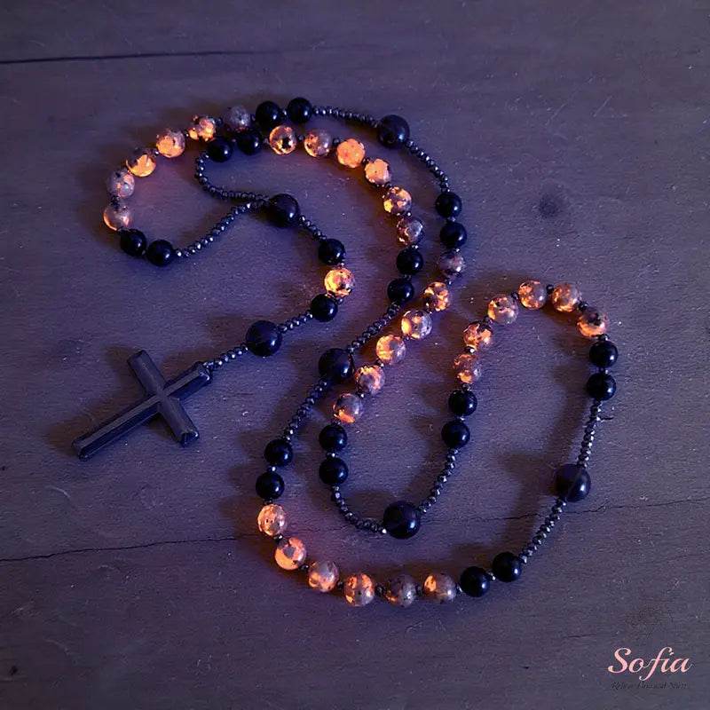 Natural Obsidian  Rosary Necklace UV Reactive Protection Necklace Hematite Stone Cross Pendant Necklace Gift for her, gift for him