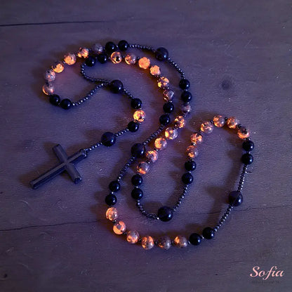 Natural Obsidian  Rosary Necklace UV Reactive Protection Necklace Hematite Stone Cross Pendant Necklace Gift for her, gift for him