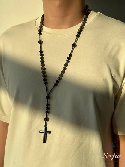 Natural Obsidian  Rosary Necklace UV Reactive Protection Necklace Hematite Stone Cross Pendant Necklace Gift for her, gift for him