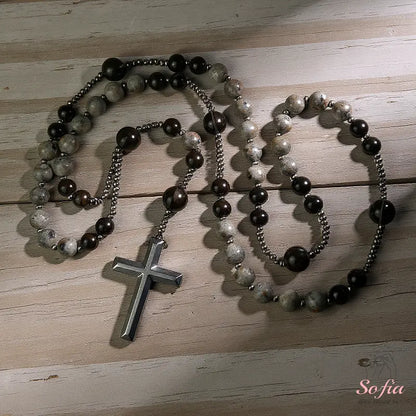 Natural Obsidian  Rosary Necklace UV Reactive Protection Necklace Hematite Stone Cross Pendant Necklace Gift for her, gift for him