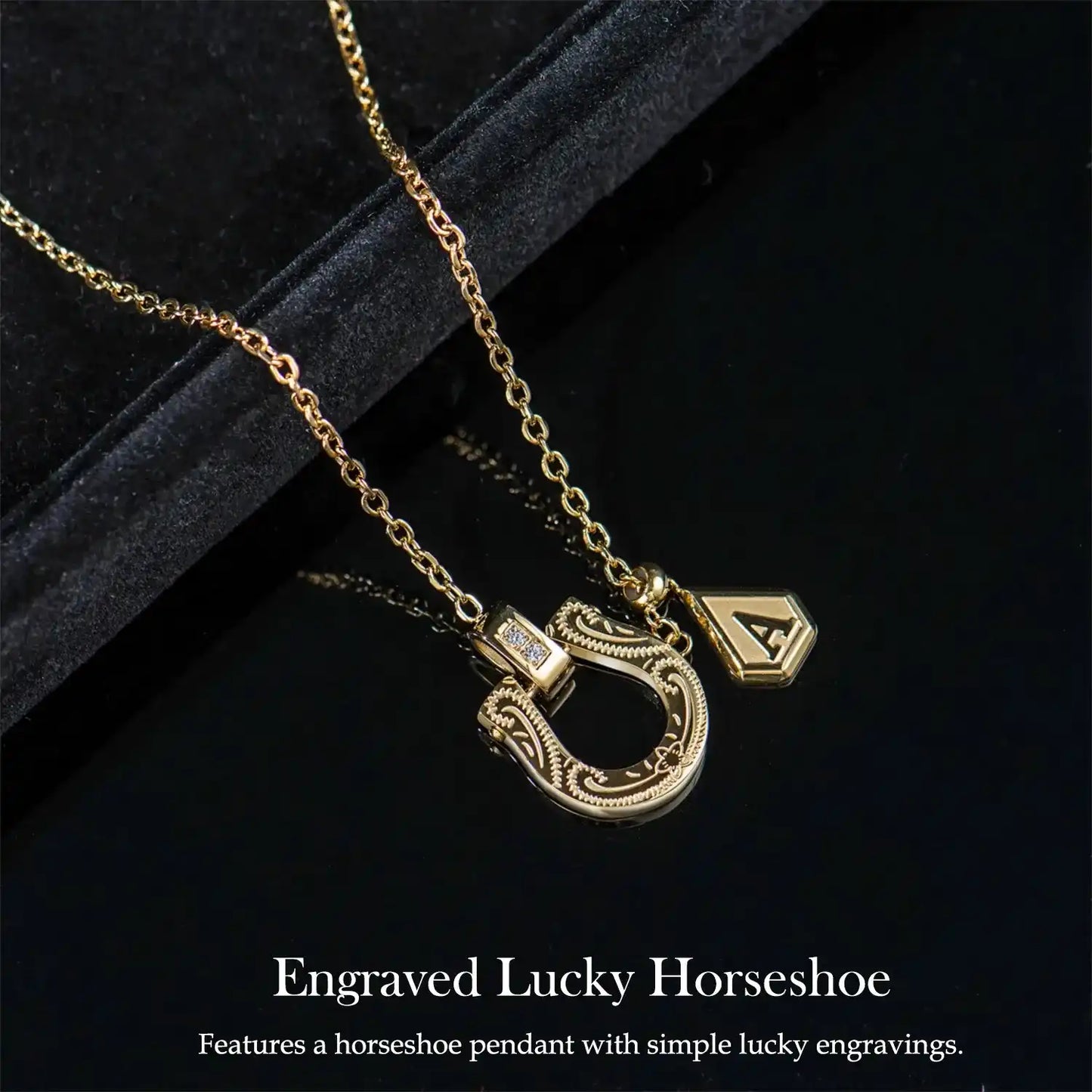Plated Horseshoe Letter Pendant Necklace for Women, Western Cowgirl Lucky Charm Jewelry with Clear CZ Diamonds, Symbol of Good Luck & Protection