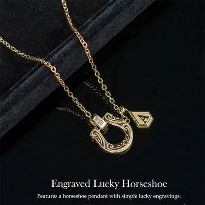 Plated Horseshoe Letter Pendant Necklace for Women, Western Cowgirl Lucky Charm Jewelry with Clear CZ Diamonds, Symbol of Good Luck & Protection