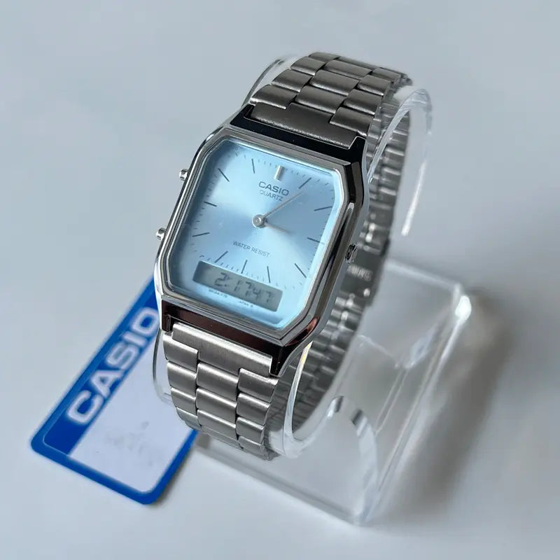 Unisex Vintage Analog-Digital Watch AQ230A Classic Design Water-Resistant 30M Ice Blue Turquoise Blue Stainless Steel Bracelet