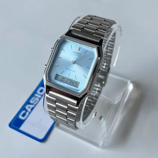 Unisex Vintage Analog-Digital Watch AQ230A Classic Design Water-Resistant 30M Ice Blue Turquoise Blue Stainless Steel Bracelet