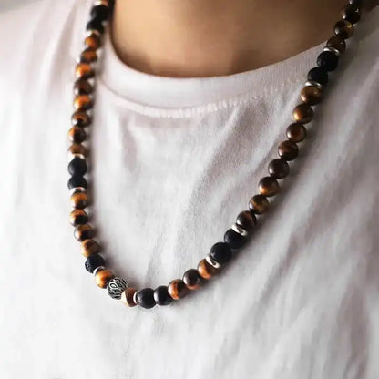 Men's 8mm Natural Tiger Eye Lava Bead Necklace Stainless Steel Toggle 18/20/24" fathersdaygifts Black Onyx