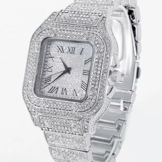 Men's Casual Fashion Quartz Watch, Elegant Square Dial Rhinestone Decorated Alloy Case Wristwatch, Classic Simple Fashion Street Style For All Seasons, Black Friday Deal Watch Suitable For Casual Business Wear, Birthday Christmas Gift