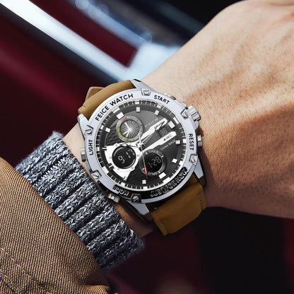 Men's luxury business fashion watch, with a luminous elegant dial, waterproof sports watch - Black and silver gift set Chronograph Leather Style Fashionable Wristwatch