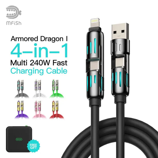 4-in-1 Multi 240W Fast Charging Cable, Compatible with iPhone, Samsung Phones, Tecno/Infinix Series, and USB-C Laptops