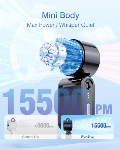 Portable Handheld Turbo Fan 5-Speed Strong Airflow USB Rechargeable Mini Pocket Fan with Adjustable Lanyard for Outdoor Travel Gifts for Women & Men Travel Beach Summer Must-Have