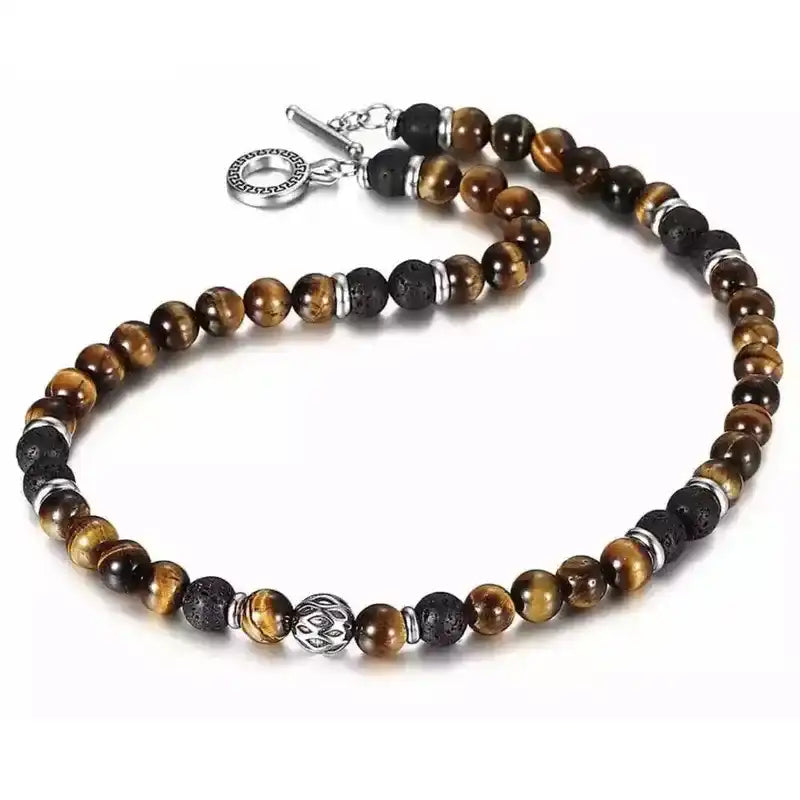 Men's 8mm Natural Tiger Eye Lava Bead Necklace Stainless Steel Toggle 18/20/24" fathersdaygifts Black Onyx