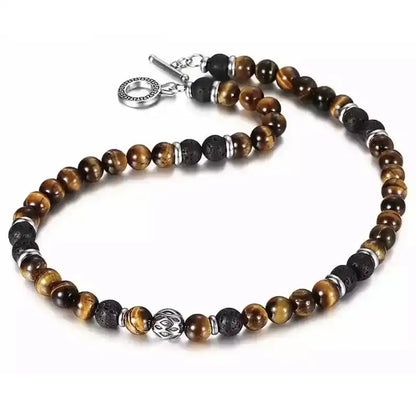 Men's 8mm Natural Tiger Eye Lava Bead Necklace Stainless Steel Toggle 18/20/24" fathersdaygifts Black Onyx