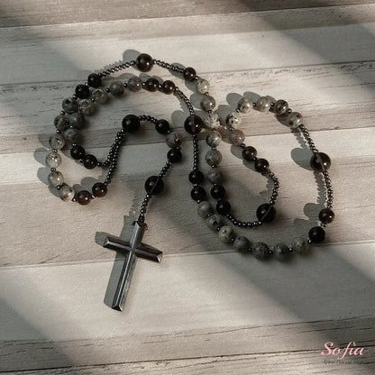 Natural Obsidian  Rosary Necklace UV Reactive Protection Necklace Hematite Stone Cross Pendant Necklace Gift for her, gift for him
