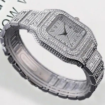 Men's Casual Fashion Quartz Watch, Elegant Square Dial Rhinestone Decorated Alloy Case Wristwatch, Classic Simple Fashion Street Style For All Seasons, Black Friday Deal Watch Suitable For Casual Business Wear, Birthday Christmas Gift